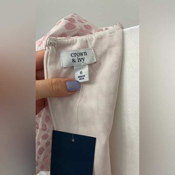 Crown & Ivy Light Pink Women's Short Puff Sleeve Jacquard Cocktail Dress Size 6 - Picture 7 of 11
